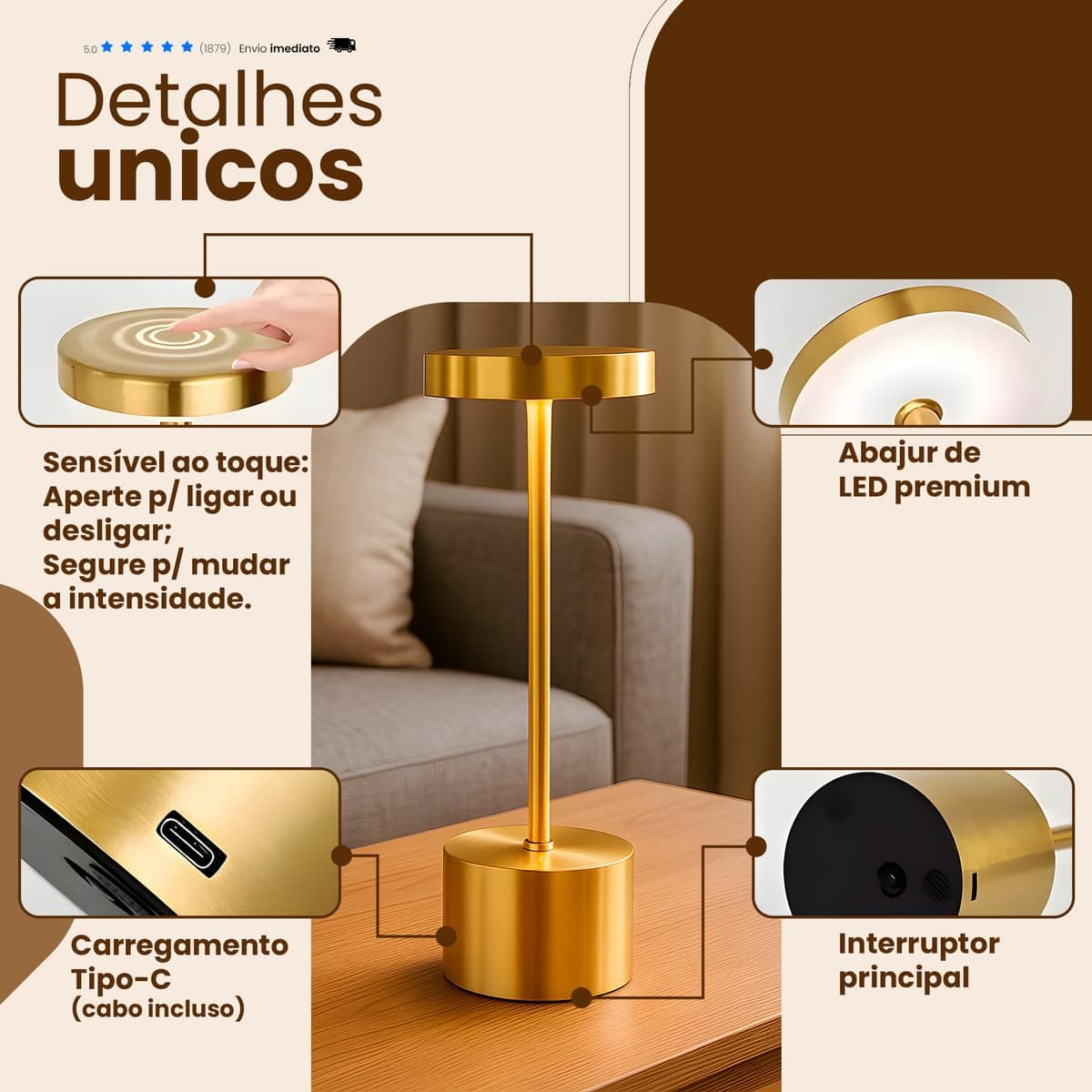 Luminária Dimerizável Touch 3 Cores de Luz E Modo Intensidade, Abajur LED de Mesa Moderno Recarregável Sem Fio para Quarto, Escritório, Leitura, Jantar, Cabeceira de Cama, Decoração (PRATA) thumbnail 4