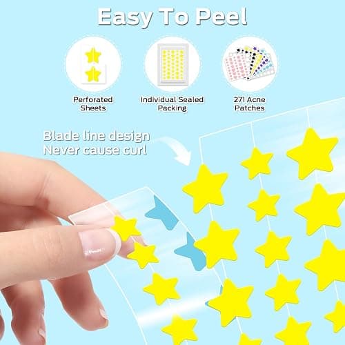 VOZRO Star Pimple Patches, Colorful Hydrocolloid Acne Patches for Face, Cute Star Pimple Patches with Salicylic Acid, Tea Tree & Centella Oil (Round,Star,Peach Shapes| 6 Sizes| 271 Count) - 271 Count (Pack of 1) thumbnail 6