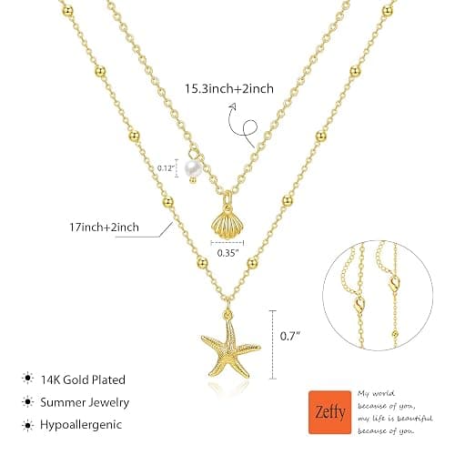 Zeffy Shell Necklace for Women,14K Gold Plated Layered Starfish Conch SeaShell Pearl Pendant Charm Necklace Stack Waterproof Dainty Beach Jewelry for Summer Vacation thumbnail 6