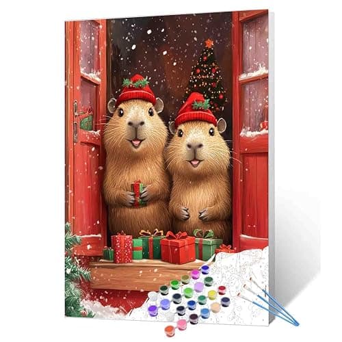 Aihonmin Capybara Christmas Paint by Number for Adults Beginner Christmas Animals Paint by Number Kit on Canvas Snowy Pictures DIY Paintwork Home Wall Decoration 16x20 Inch (Frameless) - Image 1