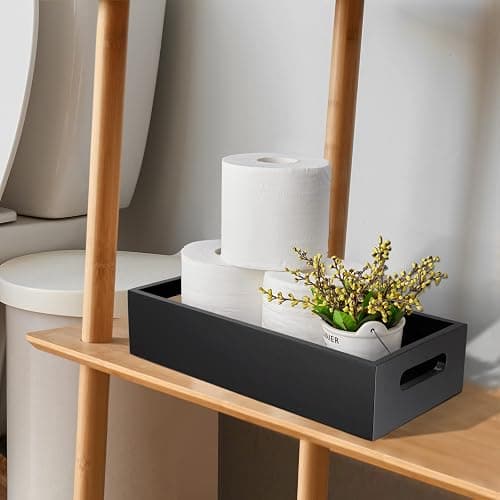 ALELION Black Bathroom Basket - Wooden Toilet Tank Paper Basket with Handle for Organizing - Back of Toilet Storage Organizer for Bathroom Tank Topper Counter - Black Bathroom Decor Box thumbnail 4