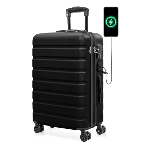 AnyZip Suitcase Hardside PC ABS Lightweight USB Luggage with Wheels TSA Lock Checked-Medium 24 Inch Black - Image 1