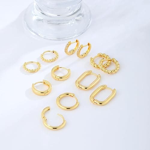 14K Gold Hoop Earrings for Women Lightweight Chunky Hoop Earrings Multipack Hypoallergenic, Thick Open Twisted Huggie Hoops Earring Set Jewelry for Gifts thumbnail 6