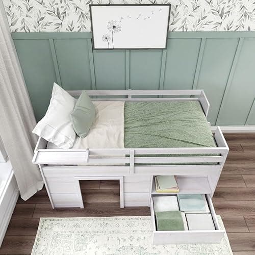 Max & Lily Loft Bed Twin Size, Solid Wood Low Loft Bed with Storage Drawer and Ladder, Modern Farmhouse Loft Bed for Kids, White Wash thumbnail 3