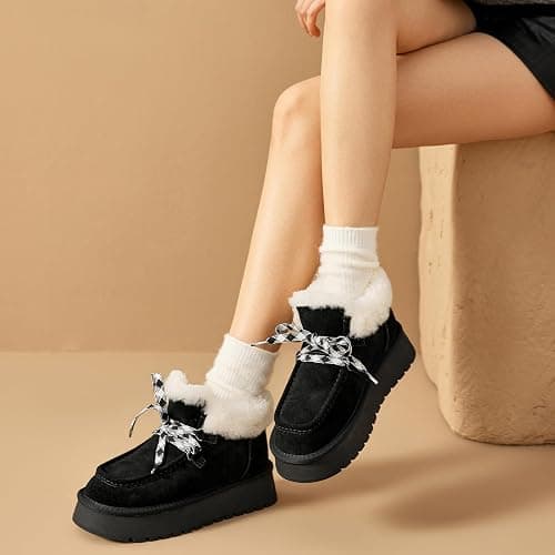 BEAU TODAY Womens Winter Snow Boots, Fur Lined Ankle Booties for Women Warm Boots, Chunky Platform Lace-up Boots Shoes Suede Leather Non-slip Warm Winter Shoes thumbnail 5