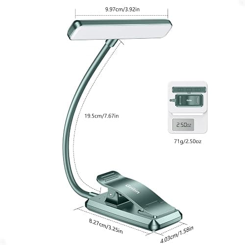Gritin 19 LED Rechargeable Book Light for Reading in Bed | Eye Caring 3 Color Temps,Stepless Dimming Brightness,Memory Function,90 Hrs Runtime Lightweight Clip on Light-Blackish Green thumbnail 8