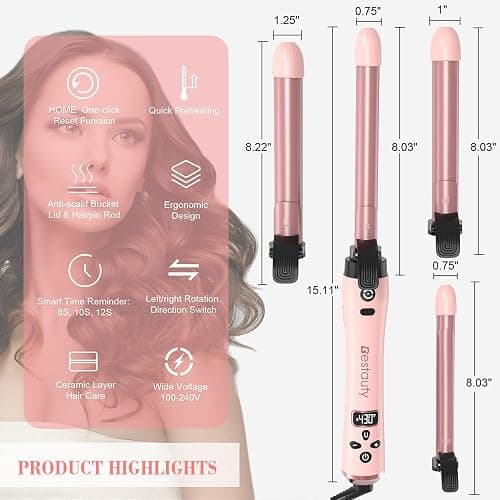 Bestauty Automatic Hair Curler, 4 in 1 Hair Curler with 19-32mm Interchangeable Ceramic Curling Tongs, 360° Rotating 160-220° C Curling Iron, Dual Voltage(Pink) thumbnail 2