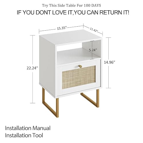 Masupu Rattan Nightstand,Modern Boho Farmhouse Wood Bedside Table with Storage Drawer and Open Shelf,Small Gold Frame Side End Table for Bedroom,Living Room,Office(White) thumbnail 2