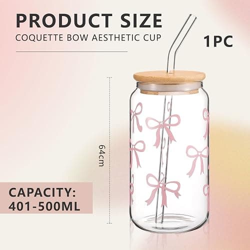 Cosmeria Bow Glasbecher 16 Oz Mit Deckel Und Strohhalm, Elegantes Geschenk Für Beste Freundin, Dekoratives Bow Design, Vielseitiges Trinkglas thumbnail 2