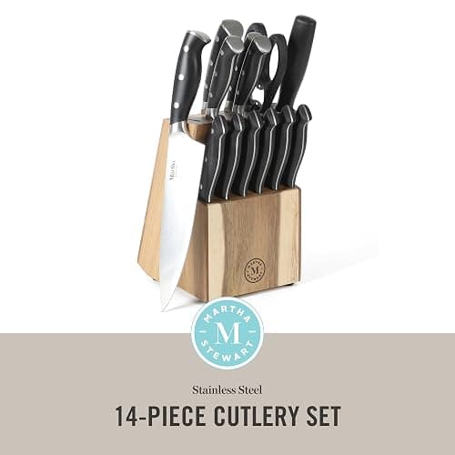 Martha Stewart Greeley 14 pc Triple- Riveted Cutlery Knife Acacia Wood Block Set w/Comfort Grip Handles- Black thumbnail 3
