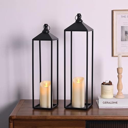 22'' 19'' Large Lanterns Decorative Outdoor Indoor, Set of 2 Black Metal Candle Lanterns Modern Farmhouse Floor Lanterns Decorative for Home Decor, Mantle, Fireplace, Patio, Porch, Garden thumbnail 8