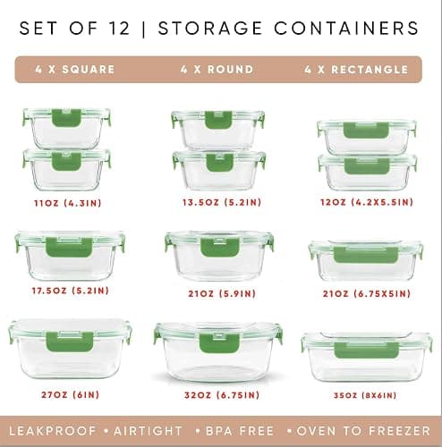 JoyJolt 24pc Borosilicate Glass Storage Containers with Lids | 12 Airtight/Freezer Safe Food Storage Containers for Pantry and Kitchen | Meal Prep Container for Lunch | Glass Tupperware Set thumbnail 3
