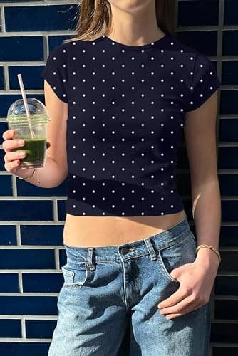 BAIGRAM Women Cute Polka Dot Jersey Short Sleeve Crop Tshirt Y2K Aesthetic Teen Round Neck Slim Baby Tee Shirt Going Out Tops thumbnail 2