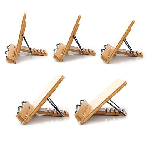 wishacc Bamboo Book Stand for Reading, 13.2" x 9.2" Premium Wooden Cookbook Holder and Recipe Stand for Kitchen Counter, Foldable Adjustable Desk Easel with 5 Angles for Textbooks, Sheet Music, Tablet thumbnail 3