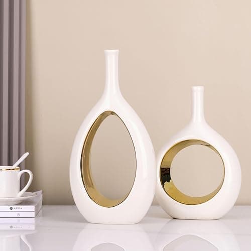 White and Gold Vase Ceramic White Vases Home Decor,Modern Minimalist Circle with Hole Decorative Vase, Hollow Ellipse Flower vases for Bookshelf, Fireplace Mantle, Centerpieces,Farmhouse,Rustic Décor thumbnail 2