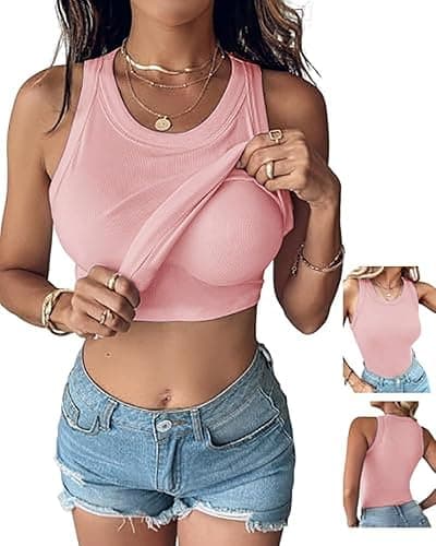 CHICME Women Built-in Bra Tank Tops Sleeveless Casual Shirts Racerback Ribbed Fitted Tank Tops - Image 1