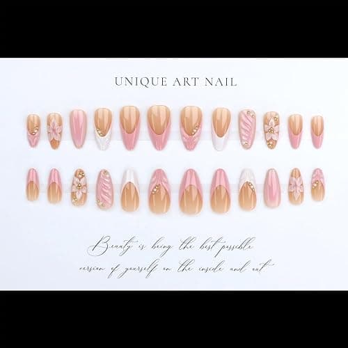 24Pcs French Tip Press on Nails Medium Almond Fake Nails 3D Flowers Gold Bead Design Glossy Pink French Nails Full Cover Press Ons Stick on Nail for Women Handmade Nails Cute False Fingertips thumbnail 4