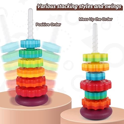 JUXUE Spinning Toy, Rainbow Stacking Toys for Toddlers 1-3, Ring Stacker Baby Toys 6 to 12 Months, 1 One Year Old Girl Boy Christmas Birthday Gifts, Montessori Autism Sensory Toy thumbnail 3