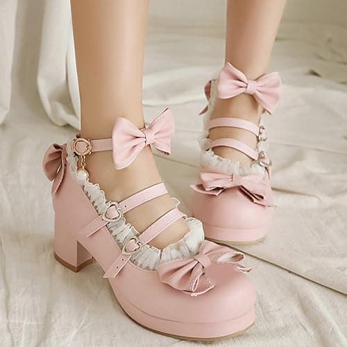 LUXMAX Women Cute Shoes Kawaii Pumps Mid Block Heel Mary Janes Platform Sweet Cosplay Dress Shoes Strappy Ankle Strap Pumps with Bow - 8.5 - Pink thumbnail 6