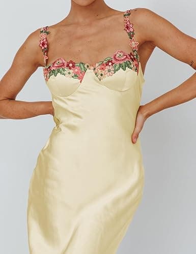 Sexy Satin Spaghetti Strap Floral Embroidered Maxi Dress for Women Sweetheart Neckline Backless Sleeveless Slit Midi Dress thumbnail 2
