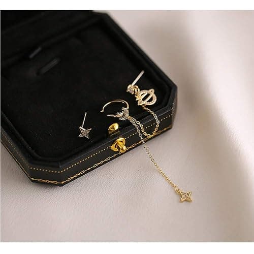 Planet CZ Moon Star Ear Cuff Wrap Clip On Crawler Climber Hoop 925 Sterling Silver Post Stud Chain Threader Tassel Asymmetric Earrings for Women Cute Hypoallergenic Gifts Daughter Bff Christmas thumbnail 2