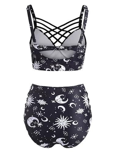 JMSUN Women's Bikini Summer Bathing Suit Sun Star Moon Lattice High Waisted Tankini Swimsuit thumbnail 2