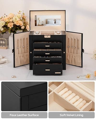 Homde Synthetic Leather Huge Jewelry Box Mirrored Watch Organizer Necklace Ring Earring Storage Lockable Gift Case (Black + Gold) thumbnail 7