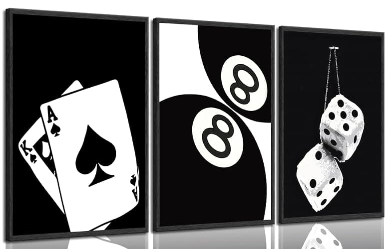 3Pcs Black and White Poker Dice Canvas Wall Art Lucky You Poster Prints Trendy Funky Preppy Y2K 8 Ball Pictures Artwork Aesthetic Painting for Game Room Apartment Dorm Decor 12x16in Unframed - Image 1