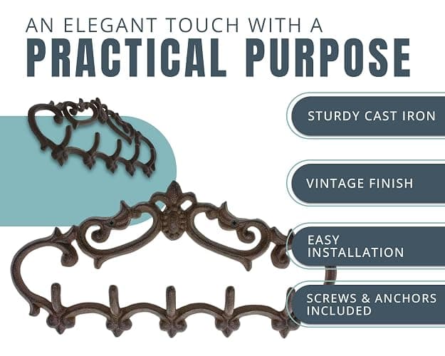 Comfify Brown Cast Iron Wall Hanger – 5 Hooks – Fleur-de-Lis – 12.6" x 5.9" | Fleur-de-lis rustic brown finish; 5 hooks for coats, robes, towels and keys; screws and anchors included; 12.6"L x 5.9"H thumbnail 4