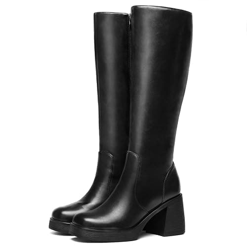 Choiran Black Knee High Boots for Women - Wide Calf Platform Tall Boots Square Toe Chunky Block Heeled Gogo Boots thumbnail 5