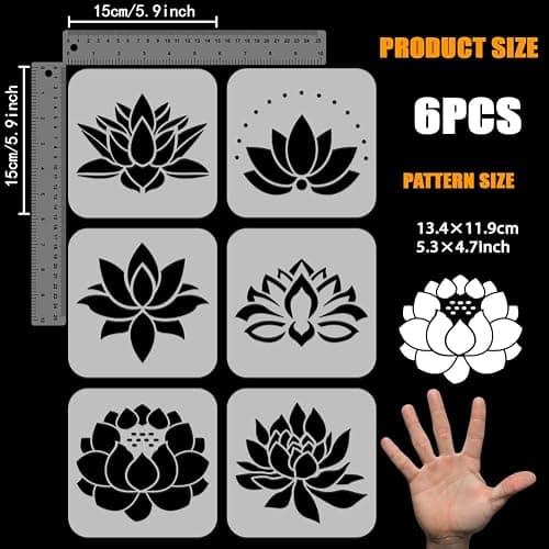FINGERINSPIRE 6 Pcs Lotus Flower Painting Stencil 5.9x5.9inch PET Lotus Symbols Spraying Stencil Reusable Lotus Flower Throne Pattern Wall Stencil Creative Hollow Out Template for Painting On Wood thumbnail 3