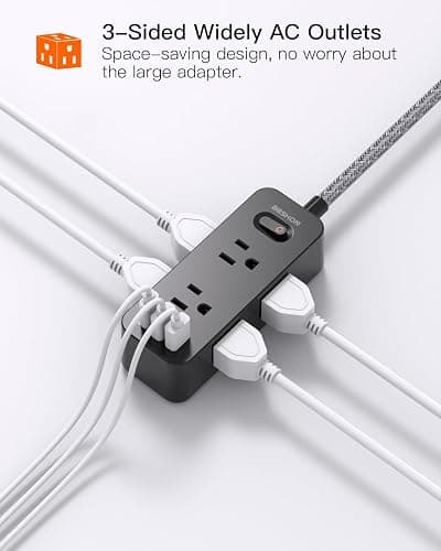 Black Power Strip Surge Protector, BESHON 5Ft Extension Cord, 6 Outlets with 3 USB Ports(1 USB C Outlet), 3-Side Outlet Extender, Wall Mount, Compact for Travel, Home, College Dorm Room, and Office thumbnail 4