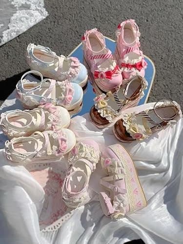 ZQW Women's Kawaii Cute Bow Strawberry Cake Lace Chunky Mary Jane Heels Round Toe Lolita Y2K Aesthetic Platform Wedge Shoes thumbnail 8