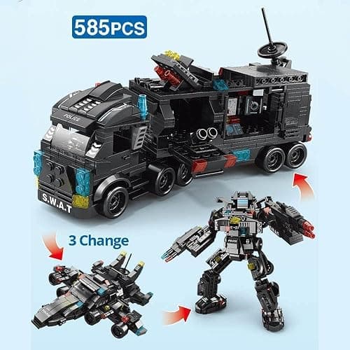ENHANA Building Block Robot 27 in1 SWAT Police Command Truck Building Kit for Kids City Helicopter Bricks Kit Educational Toys for Boys Age 6 7 8 9 10 11 12 Years Old 585PCS thumbnail 4