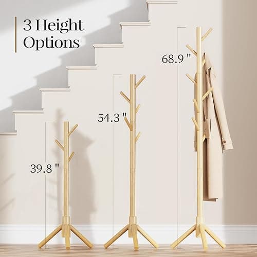 Pipishell Coat Rack Sturdy Wooden Coat Rack Stand, Adjustable Coat Tree, Free Standing Tree Hanger with 4 Sections & 8 Hooks, for Home/Bedroom/Office/Hallway/Entryway thumbnail 3