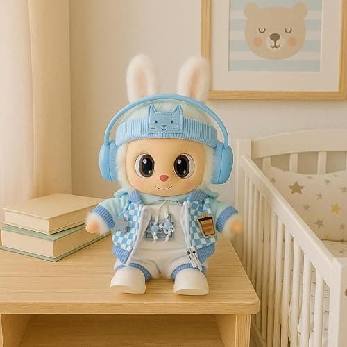Blue Hoodie Outfit Set for 17cm / 6.69in Doll – Casual Streetwear Clothes with Headphones, Plaid Jacket, Pants and Shoes – (Doll Not Included) thumbnail 8