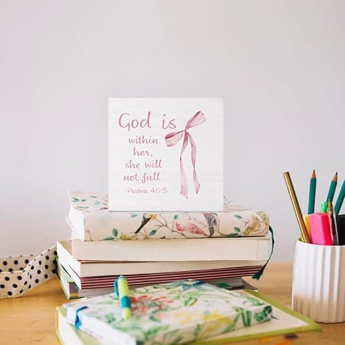 Coquette Dorm Decor, Pink Bow Christian Gifts for Women Faith, Inspirational Bible Verse Wooden Box Sign, Girly Wall Decor for Girls Room College Apartment Dorm Decoration thumbnail 5