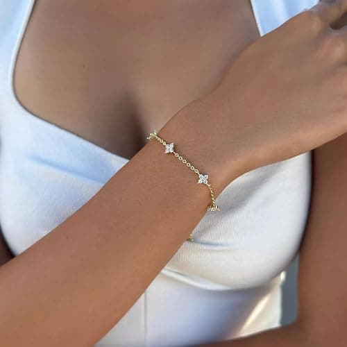 Bheop Bracelets for Women 14K Gold Silver Plated Ring Bracelet Hand Chain Dainty Evil Eye Heart Clover Daisy Cubic Zirconia Stackable Link Chain Hypoallergenic Body Jewelry Cute Trendy Gifts thumbnail 8