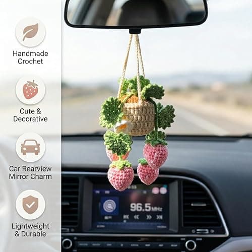 Crochet Hanging Plant for Car, Cute Plant Strawberry Car Accessories for Women, Handmade Boho Charms for Rear View Mirror thumbnail 2