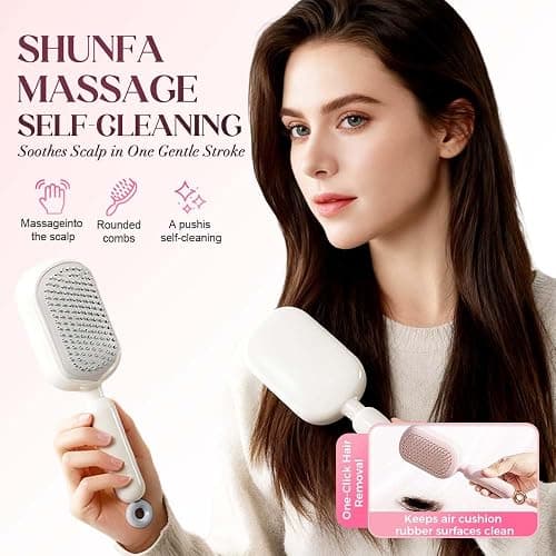 Self Cleaning Hair Brush, Retractable Hair Brush with Massage Bristles, Anti-Static Easy Clean Comb for All Hair Types, One-Pull Hair Styling Brush (Pink) thumbnail 7