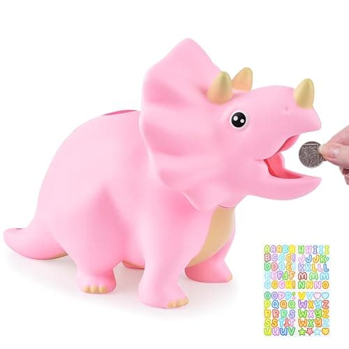 PJDRLLC Dinosaur Toys for Kids - Dinosaur Piggy Bank for Girls, Unbreakable Plastic Money Coin Bank, Great Gifts for Birthday, Easter, Christmas (Pink) - Image 1