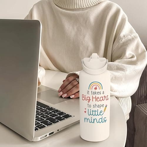 SANDJEST Teacher Appreciation Gifts - It Takes a Big Heart to Shape Little Minds Water Bottle 32oz Stainless Steel Insulated with Lid, Teacher Gifts from Students for Teacher's Day Back to School thumbnail 2
