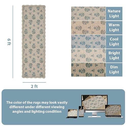 ORTIGIA Scalloped Easy Jute 2x6 Kitchen Runner Rug Vintage Blue Floral Farmhouse Washable Rug Non-Slip Outdoor Carpet for Entryway Indoor Hallway Patio Laundry Room thumbnail 2
