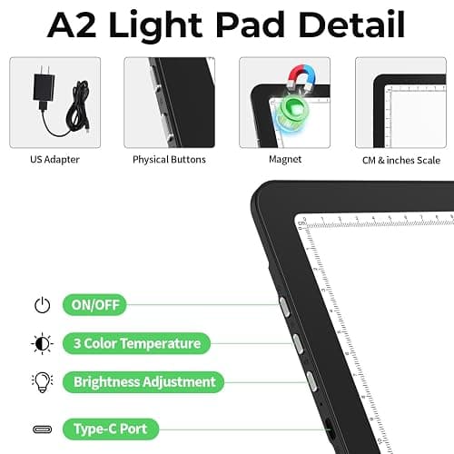 Zocelight Rechargeable A2 Light Pad 25.2" x 18.4",Magnetic Light Board for Diamond Painting,Physical Buttons,US Adapter,3 Colors,Stepless Dimming Light Box for Tracing, Light Table Sketching,Drawing thumbnail 7