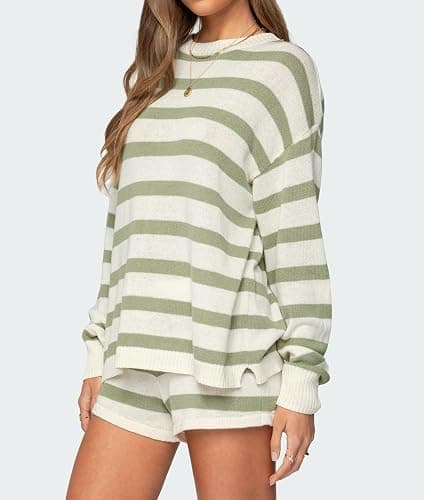 NUFIWI Women Striped Knit Sweater Set 2 Piece Outfit Oversized Long Sleeve Sweater and Shorts Matching Lounge Sets thumbnail 4