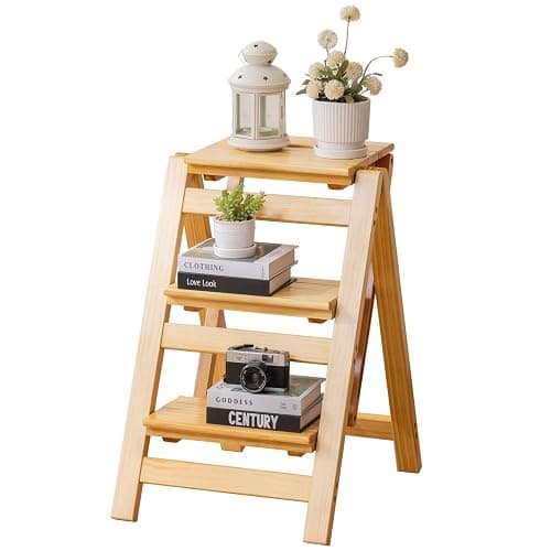 Latifolia Foldable 3 Step Ladder, Wooden Step Stool with Floor Saver, Decorative Ladder Shelf for Living Room, Kitchen, Garden(Nature) - Image 1