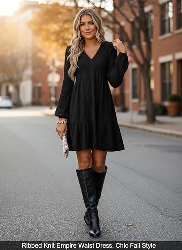 Dokotoo Fall Dresses for Women 2025 Long Sleeve V Neck Lightweight Ribbed Knit Empire Waist Casual A Line Swing Mini Dress thumbnail 5
