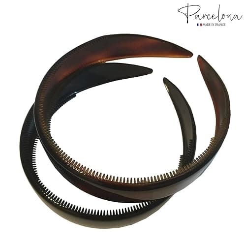 Parcelona French (Set of 2) Wide 1 Inch Tortoise Shell Brown and Black Hair Headbands with Inner Teeth Nibs thumbnail 5