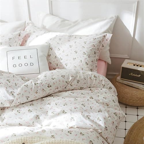 mixinni Girl Floral Full Size Comforter Pink White Flower Leaf Print Bedding Sets, Cute Floral Bedding Comforter Sets for All Seasons-(1 Comforter+2 Pillow Shams)-Full Size thumbnail 4
