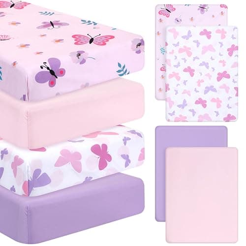 Mixweer 4 Pack Butterfly Baby Crib Sheet Set for Girls Standard Size Crib Toddler Mattresses Soft Breathable Sheets for Baby Gifts Home Nursery Toddler, Pink Purple - Image 1